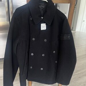 Black Double-Breasted Wool Pea Coat with Wide Collar